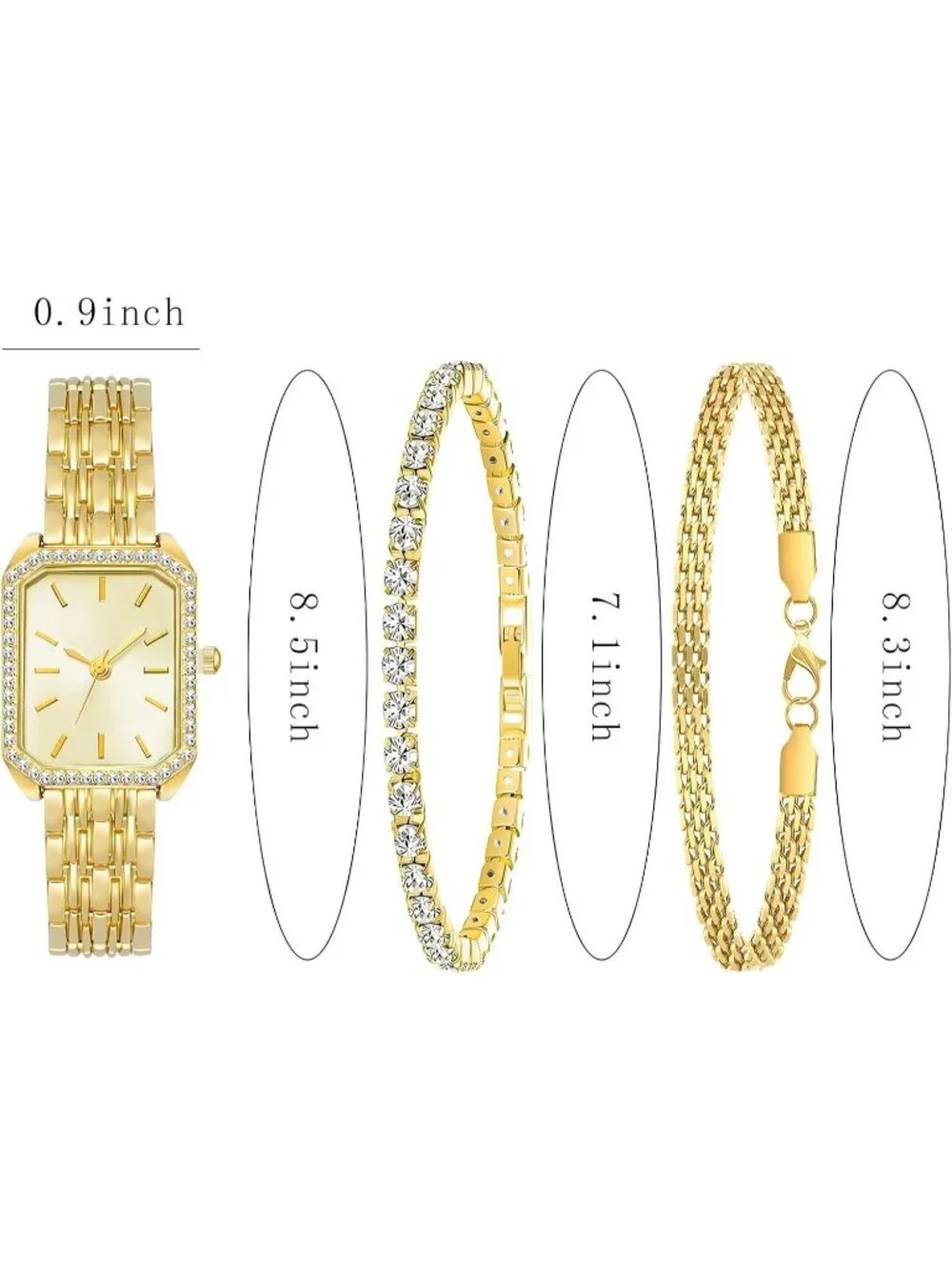 Women All Gold Jewelry Stainless Steel Diamond Bangle Bracelets Set Square Watch